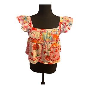 SHEIN Women Vibrant Patchwork Summer Theme Ruffle Blouse Size Small